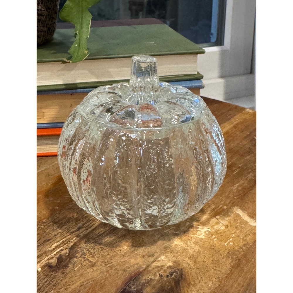 Avon Vintage Clear Textured Glass Pumpkin Trinket Dish with Lid Autumn Decor
